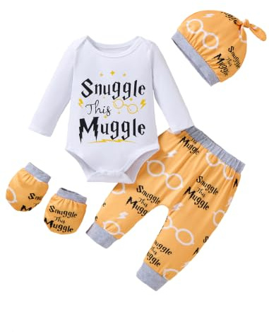 CUGOGO Baby Boy Clothes Snuggle This Muggle Long Sleeve 3PCS Outfits Romper Pant Hat Long Sleeve Suit,Yellow,0-3M