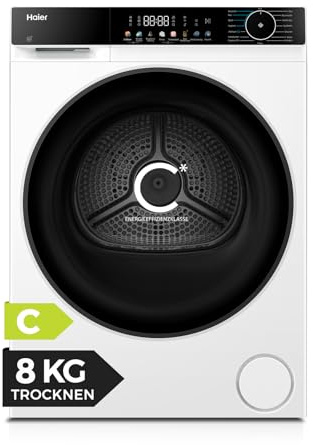Haier Wärmepumpentrockner 8kg G5 Serie HD80-C657U1 | Klasse C, AI Power Inverter Motor, Automatik- & Hygiene-Programm, XL Schontrommel, Wi-Fi & hOn App