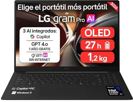 LG gram Pro 16Z90U-K.AUB8BN - Ordenador Portátil Ultraligero de 16 Intel Core Ultra X7 358H, 32 GB RAM, 1 TB SSD, ARC B390 Graphics, OLED Antirreflejo, 1199g, 27 h, Windows 11, Teclado ES, Carbón