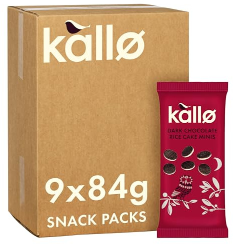 Kallo Dark Chocolate Mini Rice Cakes, 9 x 84g | Belgian dark chocolate rice cakes, simple natural ingredients. Just 103 calories per pack, gluten-free, and vegetarian