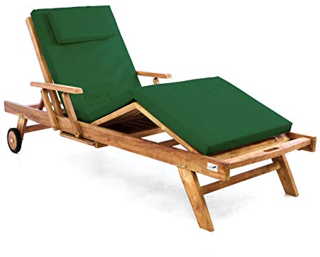 Divero Sonnenliege Holzliege Gartenliege Deckchair Teakholz behandelt verstellbar + Räder Tablett + Liegen-Auflage 4-teilig wasserabweisend dunkelgrün