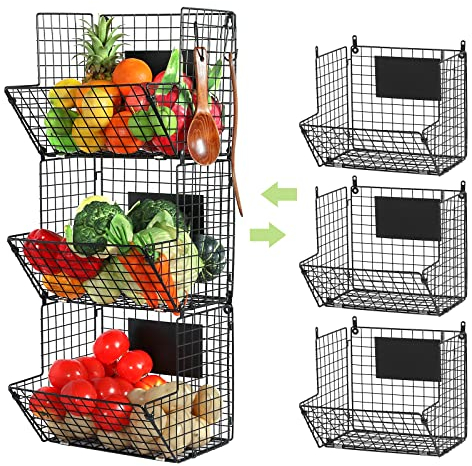 X-cosrack Metal Wire Basket Wall Mount, 3 Tier Wall Storage Basket Organizer with Hanging Hooks Chalkboards, Rustic Kitchen Fruit Produce Bin Rack Bathroom Tower Baskets (Black)