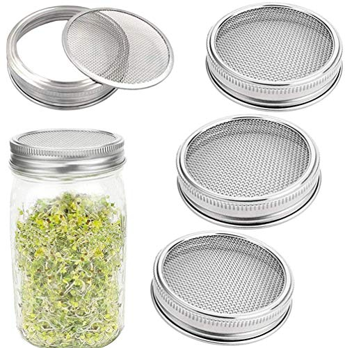Sprouting Lids WIDE MOUTH 316 Stainless Steel Mesh Lid Sprouting Strainer Lids Kit for Mason Jars Canning Lids Growing Alfalfa Sprout Seeds Salad Sprouts Lid 4 Pack