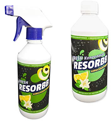 RESORBB® FRESH Anti-Rauch 40-fach Konzentrat 0,5l. + leere Sprühflasche Dieser wasserlösliche Geruchsneutralisierer eignet sich für glatte Oberflächen und kann auch als Raumspray verwendet werden