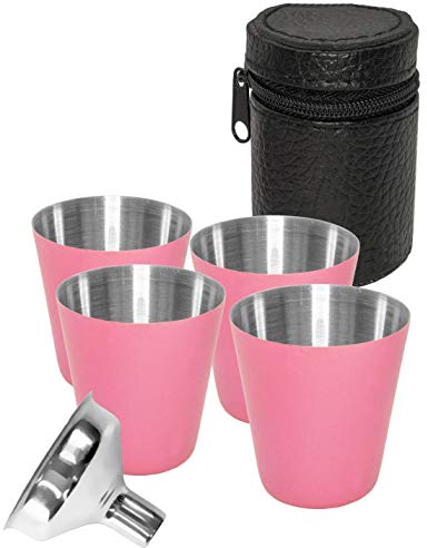 Outdoor Saxx Edelstahl-Trink-Becher Set, 4er Set, mit Leder-Tasche und Einfüll-Trichter, pink, rosa