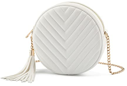 CHIC DIARY Damen Crossbody Tasche Runde Kleine Umhängetasche Schultertasche mit Quaster PU Leder Mode Handytasche