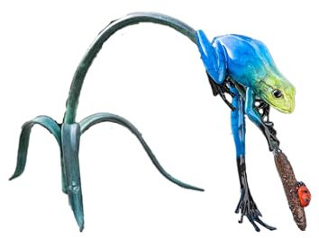 IDYL Bronze-Skulptur Blauer Frosch auf einem AST | 15x12x28 cm | Tierfigur aus Bronze handgefertigt und emailliert |Garten - Wohnbreich - Teich-Dekoration | Hochwertiges Kunsthandwerk | Wetterfest