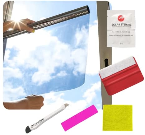 Solar Systems Fensterfolie Sonnenschutzfolie für Wärmeisolierung mit Montagekit - Anti-UV Solarfolie für Innen und Außen - Silber Spiegelfolie Selbstklebend - Hält die Wärme im Gebäude (76 x 200cm)