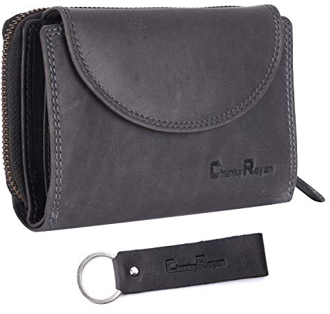 Chunkyrayan Echtleder Damen Geldbörse Hochwertig Vintage RFID Schutz inklusive Leder Schlüsselanhänger GB-3 Grey