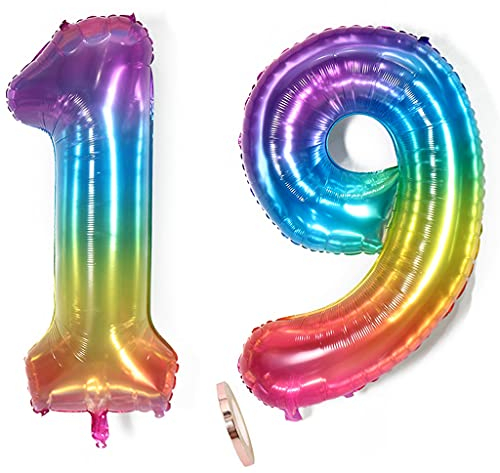 Luftballons Zahl 19. Geburtstag deko Mädchen Regenbogen/silber,ZahlenBallon 19, 40 Zoll Heliumballon 19 jahre Geburtstagsdeko Mädchen Luftballons 19 Riesen Aufblasbar Helium Folienballon 19(19)