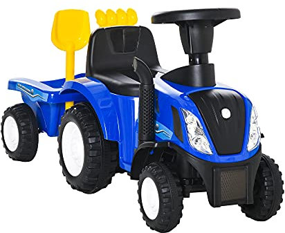 HOMCOM Tractor sin Pedales para Niños de 12-36 Meses con Remolque Extraíble Coche Correpasillos con Bocina Faros Pala Asiento de Suelo 25 cm y Rastrillo Carga 25 kg 91x29x44 cm Azul