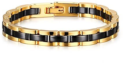 Skcess Leder Armband Goldschwarz,Gliederarmbänder Schwarzes Armband Aus Keramik In Gold Rostfreier Stahl Armband Männer 18.6Cm