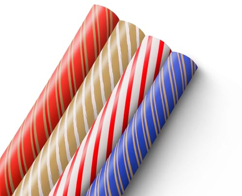 Kraft & Co 4 pack 44cm x 5M of Gift Wrapping Paper, Quality Festive Designed Kraft Paper, Eco-Friendly, Recyclable Wrapping Paper Ideal for Gifts, Arts & Crafts (20M Total) - Classic