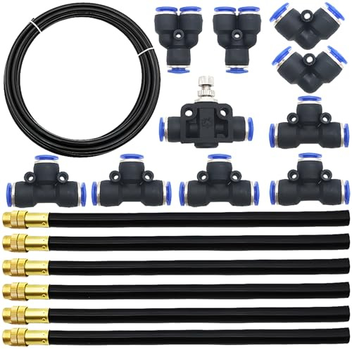 CESFONJER 5M PE Air Hose Pipe Tube Kit, With 6 Pcs Quick Sprinkler Head Universal Adjustment, Watering and Flower Watering Irrigation Micro Spray New Nozzle and 10 Pcs Air Push Quick Fittings