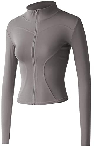 Sukany Women's Slim Fit Lightweight Athletic Full Zip Stretchy Workout Running Track Jacket with Thumb Holes Grey M