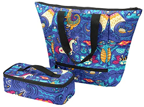 Große Tragetasche & Lunchbox Yeti Drachen-Einhorn-Katzenhandtaschen + Isoliertaschen für Reisen, Arbeit, Schule, mehrfarbig, One Size