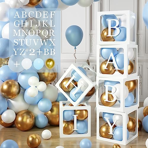 105 Babyparty Box Deko für Jungen,Blaue Baby Shower Deko Box,6 Luftballon Box mit 54 Buchstaben(BABY+A-Z) und Luftballons Blau Gold Weiss für Babyparty,Babyshower Deko,Geburtstags,Baby Party,DIY Name
