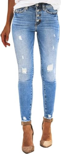 TAIYANYU Jeans da Donna con Fori, Jeans Elasticizzati a Vita Alta, con Gamba Dritta e Pantaloni Denim sfilacciati