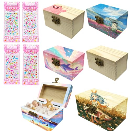 Fivtsme 6 Stücke Mini Schatztruhe,Schatzkiste Kinder,Holzkiste mit Deckel,Holzkiste Klein,Schatztruhe Kindergeburtstag,Holzschachtel Schatztruhe Holz Schmuckkästchen für Kinder Bastelset Party DIY