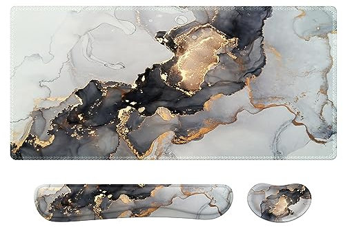 Anyshock Desk Mat Set, Ergonomic Mouse Pad with Wrist Rest, Keyboard Computer Large, Memory Foam Gaming Mousepad Support for Home Office Desktop, White Grey Marble, 3pcs