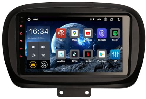 Erisin 9 Zoll 8-Kern 4GB RAM 64GB ROM Android 14 Autoradio Bluetooth mit GPS Navigation Für FIAT 500X 2014-2019 Unterstützt CarPlay Android Auto DSP WiFi 4G DAB+ RDS FM DVB-T2 OBD2 IPS Touchscreen