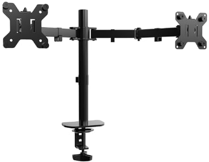 Monitor Halterung 2 Monitore für (13-27 Zoll) - Höhenverstellbar, Neigbar, Schwenkbar, und Drehbar, 10 kg pro Arm - VESA 75x75 / 100x100 - In Elegantem Schwarz