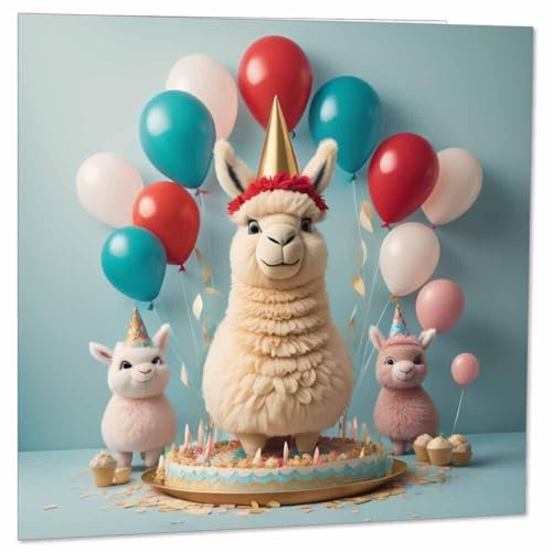 Geburtstagskarte mit Lama-Motiv, niedliche Lamas, 145 x 145 mm