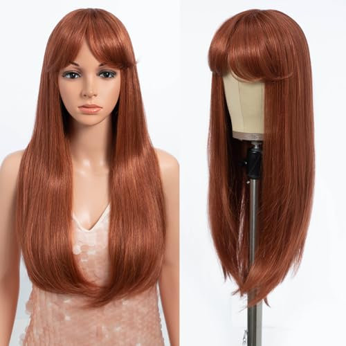 Style Icon Rotbraune Perücke mit Pony Lange Gerade Synthetische Haare Vorhang Pony Perücke für Frauen Täglich Party Gebrauch 23 Zoll(130T)