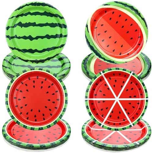 PTECDROTS 40 platos de papel decorativos de sandía, vajilla, platos desechables de frutas cítricas y platos de postre para baby shower, suministros de fiesta de frutas tropicales de verano