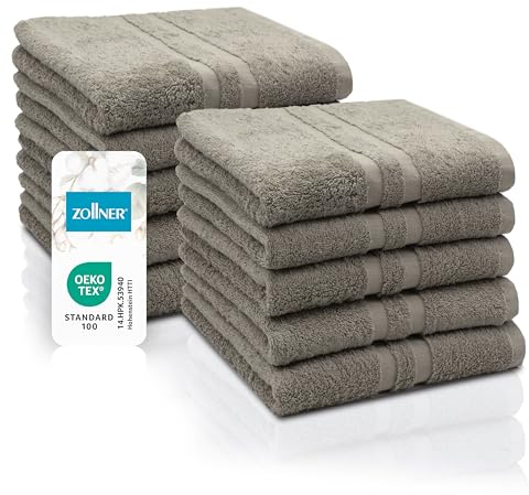 ZOLLNER 10 asciugamani da bagno in 50x100 cm - teli doccia morbidi in cotone - con bordatura elegante a righe - lavabili a 60°C - con pratico gancetto - taupe - in qualità alberghiera