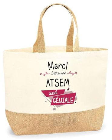 Planetee Sac Merci Atsem Géniale | Cabas de Plage Courses Coton et Toile de Jute Idée Cadeau Femme