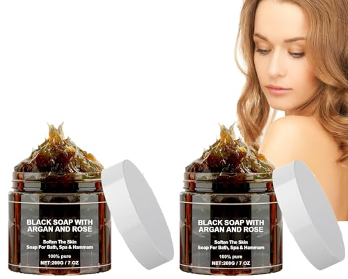 Marokko Schwarze Seife mit Argan und Rose, Morocco Black Soap, 100% Organische Marokkanische Schwarze Seife,Peeling Duschgel für Weiche Haut (2PC)