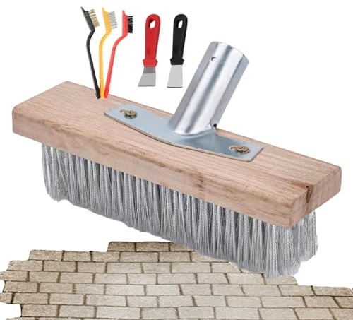 Testa di scopa in filo di acciaio | Spazzola resistente per esterni con setole in acciaio | Scopa in metallo con retro e presa in legno | Scopa da giardino per patio, pietra, cemento