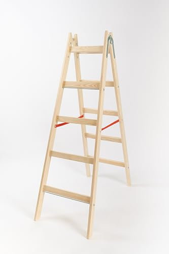 LADDERMAN Stabile Malerleiter 5 Stufen - Praktische Holzleiter, Indoor Outdoor Klappleiter mit Eimerhaken, Roten Sicherheitsgurten, Verstärkt, Breiten Sprossen - Zertifiziertes Kiefernholz