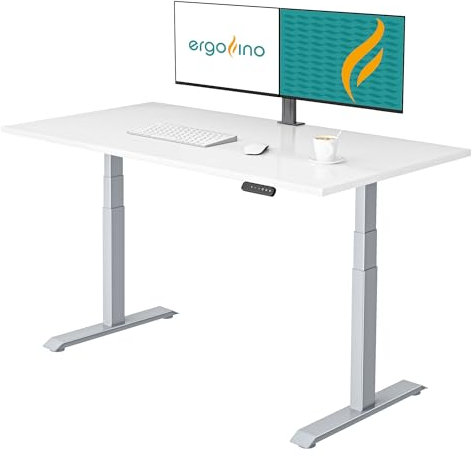 Ergofino höhenverstellbarer Schreibtisch 160x80 cm, elektrisch Schreibtisch mit GS-Zertifiziert, 2 Motoren, 3-Fach Teleskop, 3 Memoryfunktion, Gestell Grau inkl. Weiß Tischplatte