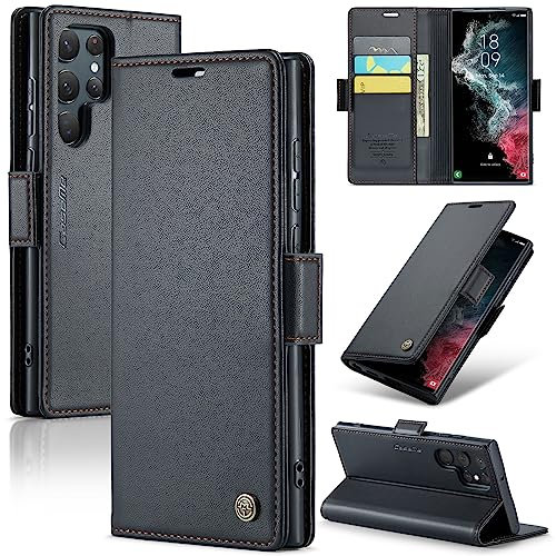 Rerzoiro Handyhülle für Samsung Galaxy S22 Ultra Hülle, Premium PU Leder Klapphülle RFID Schutzhülle Magnet Kartenfach Standfunktion Flip Wallet Tasche Case Kompatibel Samsung S22 Ultra, Schwarz