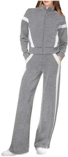 NSICBMNO Tracksuit Womens Full Set Two Piece Outfit Striped Sweatpants Wide Leg Joggers Zip Up Sweatshirt Jacket Fleece Lined Tracksuit Set Loungewear Sets Airport Travel Outfits With Pockets