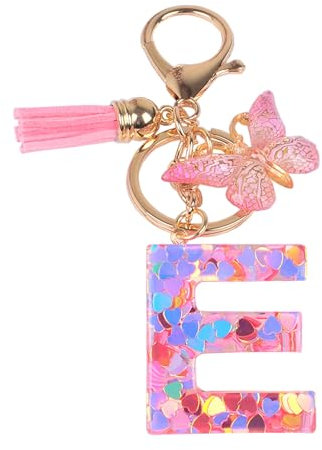 YPYMOD Lnitialen Schlüsselanhänger Quaste Schmetterling Pailletten Liebe Brief Schlüsselanhänger,Rosa(E)
