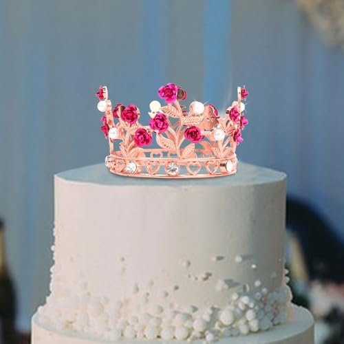 Jaciya Rose Gold Crown Cake Topper Rhinestone Tiara Hot Pink Rose Crown Cake Topper for Wedding Birthday Party Decorations
