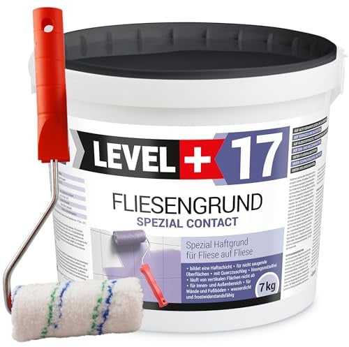 Level + 17 Fliesengrund Spezial Contact für Fliese auf Fliese, 7 kg | Spezial-Haftgrund mit Quarzsand für Fliesen, Glasmosaik - Grundierung für Innen & Außen - Lösemittelfrei -mit Farbroller