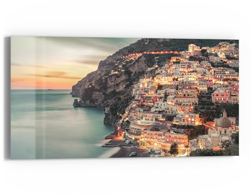 DEQORI Glasbild Echtglas | Motiv Amalfi Abendglanz | horizontal einteilig 60x30 cm | schöne Dekoration | Wandbild für Wohnzimmer, Schlafzimmer, Flur & Küche | moderne Wanddeko