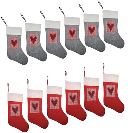 Weihnachtsstrumpf Set – 12 Stück, 42 cm aus Filz, Kamin Nikolausstrumpf zum Aufhängen, Nikolausstiefel zum Befüllen, Weihnachtsstrümpfe Deko, Christmas Stocking für Weihnachten, 6 Rot+ 6 Grau
