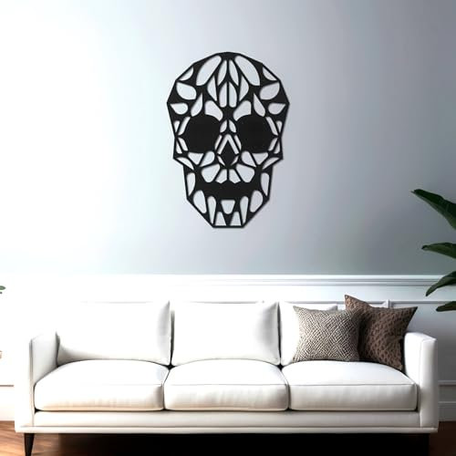 ebenkunst | Wanddeko Totenkopf – Skull Wandbild aus schwarzem HDF-Holz, 10 mm stark – Coole Wandkunst für Rock, Tattoo & Industrial Style (Größe M: 80x56x1cm)