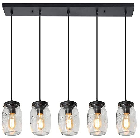 Rustic Farmhouse 5 Lights Mason Jar Glass Pendant Lighting Fixture for Kitchen Island Adjustable Hanging Lamp for Farm Barn Decor