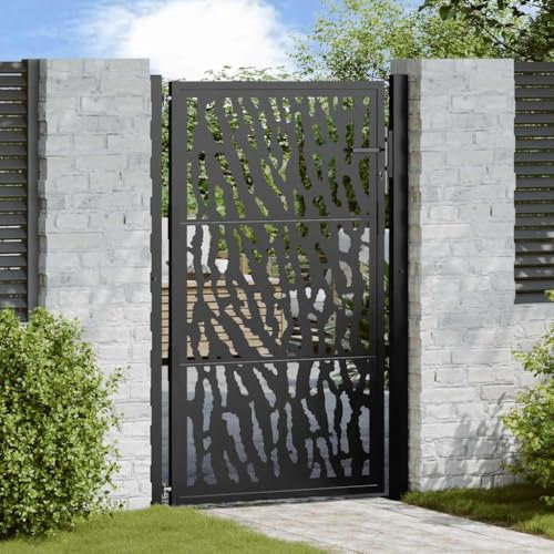 IKAYAA Puerta de Jardín 105x155 cm, Puerta para Valla con Sistema de Cerradura Acero Oxidado, diseño con raíl