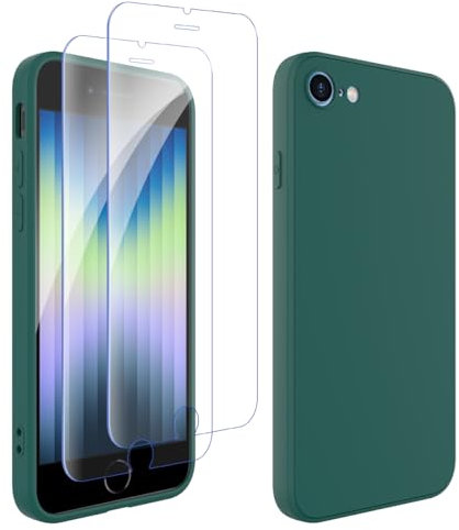 Ruayia Coque pour iPhone SE 2022/2020 et iPhone 8/7 avec 2 Pièces Protection Écran en Verre Trempé, Housse en Silicone Liquide Slim, Case Antichoc Souple pour iPhone SE 3/8/7-4,7-Vert Foncé