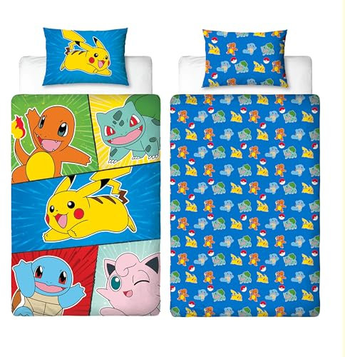 Pokemon Bettwäsche-Set für Einzelbett, offizielles Lizenzprodukt, Retro-Design, wendbar, 2-seitige Pikachu-Figuren, Bettwäsche mit passendem Kissenbezug, perfekt für Kinderzimmer, Polycotton