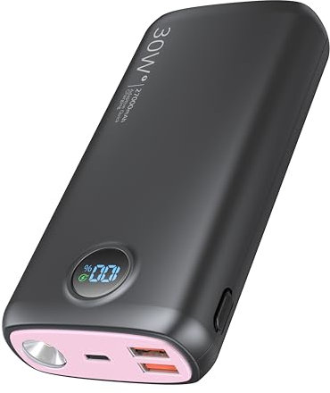 Debopo Power Bank, 27000 mAh, 30W, PD3.0, QC4.0, 4.5 A, Ricarica Rapida, Ingresso e Uscita USB C, Batteria Esterna con Torcia Luminosa da 3W, Display a LED per Smartphone, Tablet etc (Rosa)
