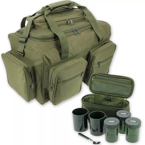 Carp Fishing Carryall with Brew Kit Spacious Storage, Self Sealing Zips Adjustable Shoulder Strap, Organized Storage for Fishing Gear Includes, Containers, Cups and Teaspoon Outdoor Activity