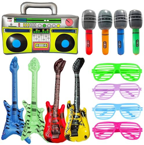 Aufblasbare Instrumente Party Ballons Set - 13 Stück Inflatable Musikinstrumente Zubehör Gitarre Bässe Mikrofon Radio, Rock Star Toy Brille für Kinder Erwachsene Konzert Tanz 70er 80er Karaoke Deko